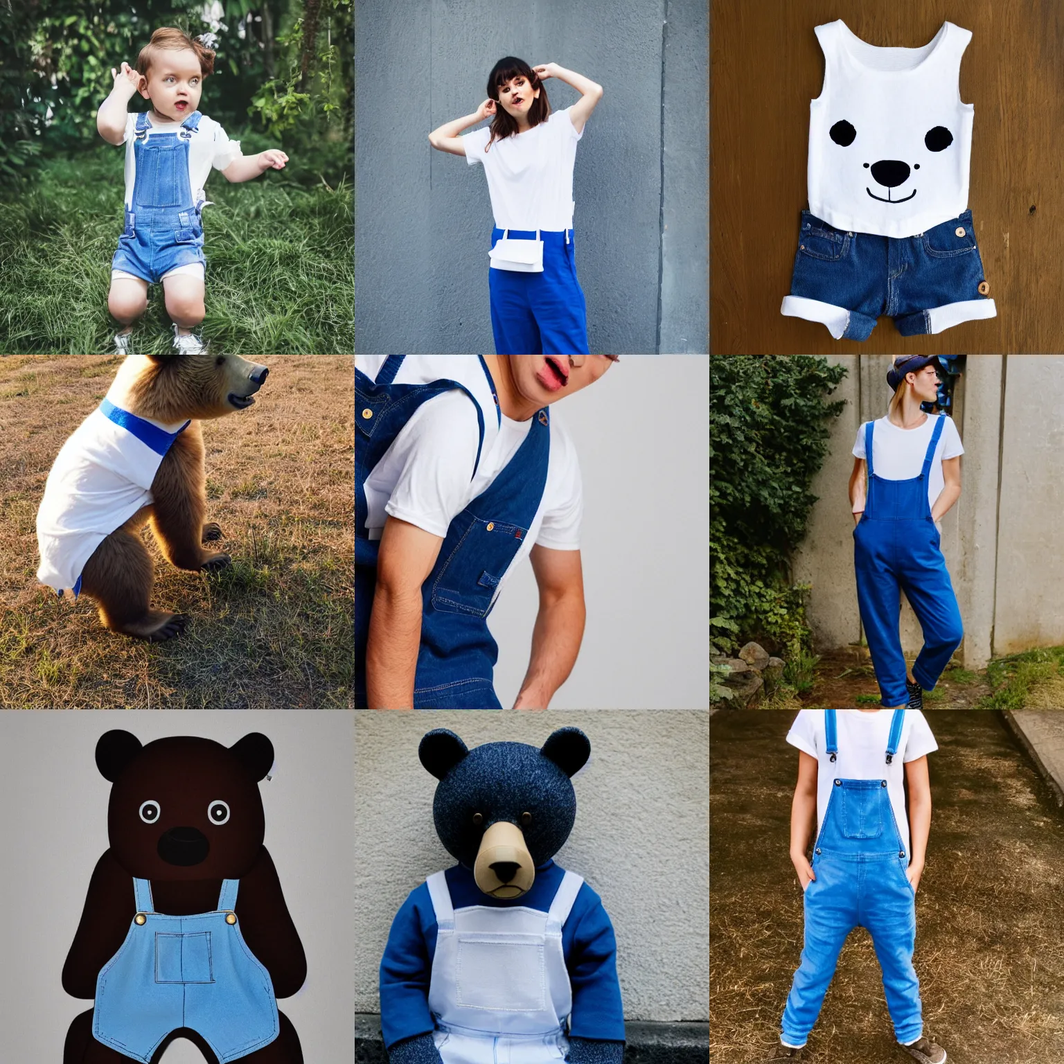 Prompt: Bear with white T-shirt and blue dungarees