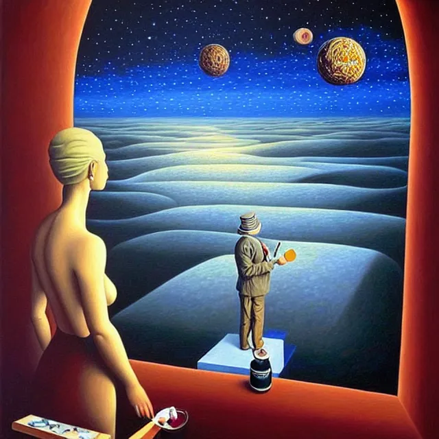 Image similar to an oil on canvas portrait of a man painting a portrait of a beautiful woman, surrealism, surrealist, cosmic horror, rob gonsalves, high detail