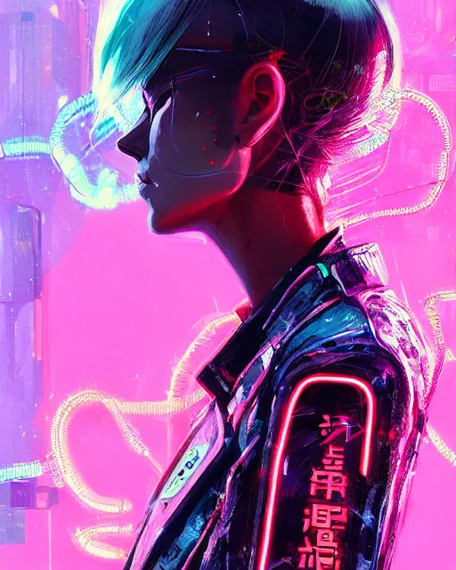 Image similar to detailed full body side profile portrait Neon Operator Girl, cyberpunk futuristic neon, reflective puffy coat, decorated with traditional Japanese ornaments by Ismail inceoglu dragan bibin hans thoma greg rutkowski Alexandros Pyromallis Nekro Rene Maritte Illustrated, Perfect face, fine details, realistic shaded, fine-face, pretty face