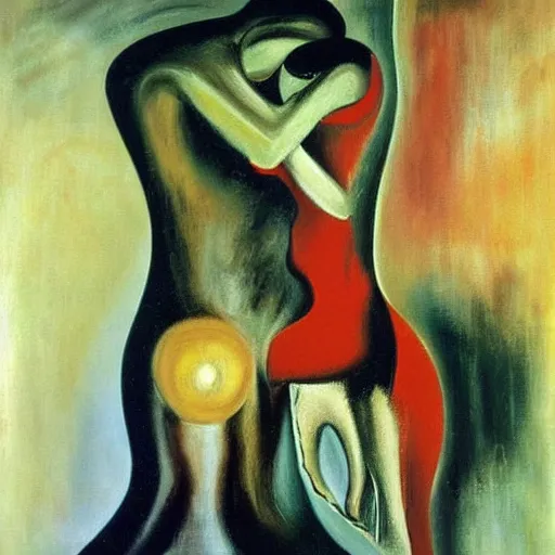 Image similar to Oil painting by Roberto Matta. Two mechanical gods kissing. Oil painting by Marlene Dumas. Dali.