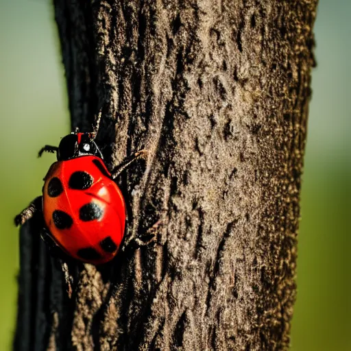 Prompt: macro photo of a ladybird on a tree trunk, reduced field of view, cinematic lighting, professional photography, sunny day