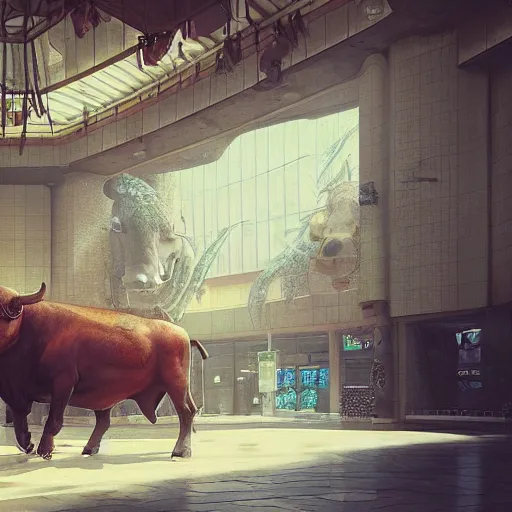 Prompt: a happy bull inside a shopping mall by greg rutkowski and thomas kinkade, trending on artstation, 3 d render octane