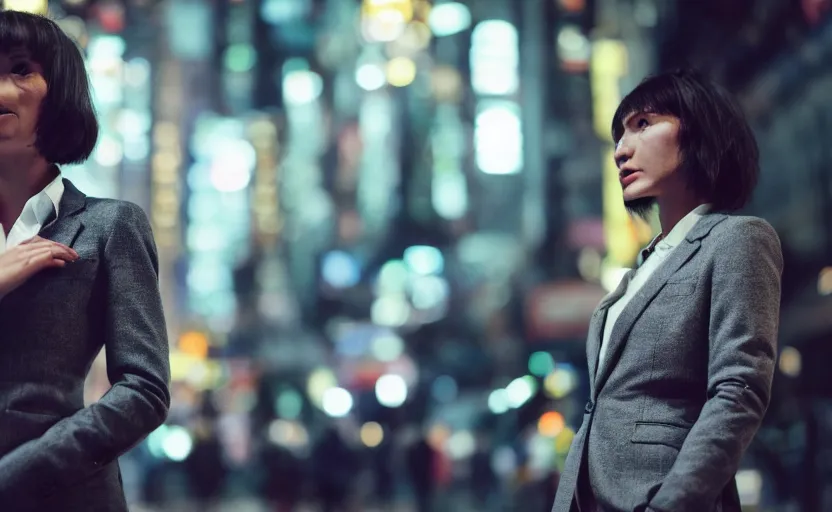 Image similar to a wide shot of a woman with a wool suit, short hair, blurred face, wearing an omega speedmaster on her wrist in front of a crowded dystopian city at night with cyberpunk lights