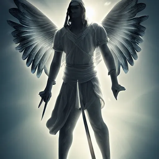 Image similar to angel with big bright white wings, coming down from the sky, holding sword in his arms, hyper realistic, 4 k