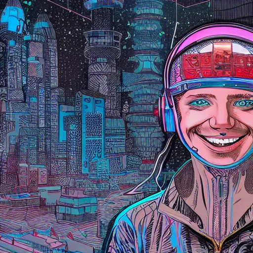 Image similar to detailed illustration in the style of josan gonzalez of a close up of a smiling young explorer wearing a cyberpunk headpiece, highly detailed, intricate details, 8k wallpaper