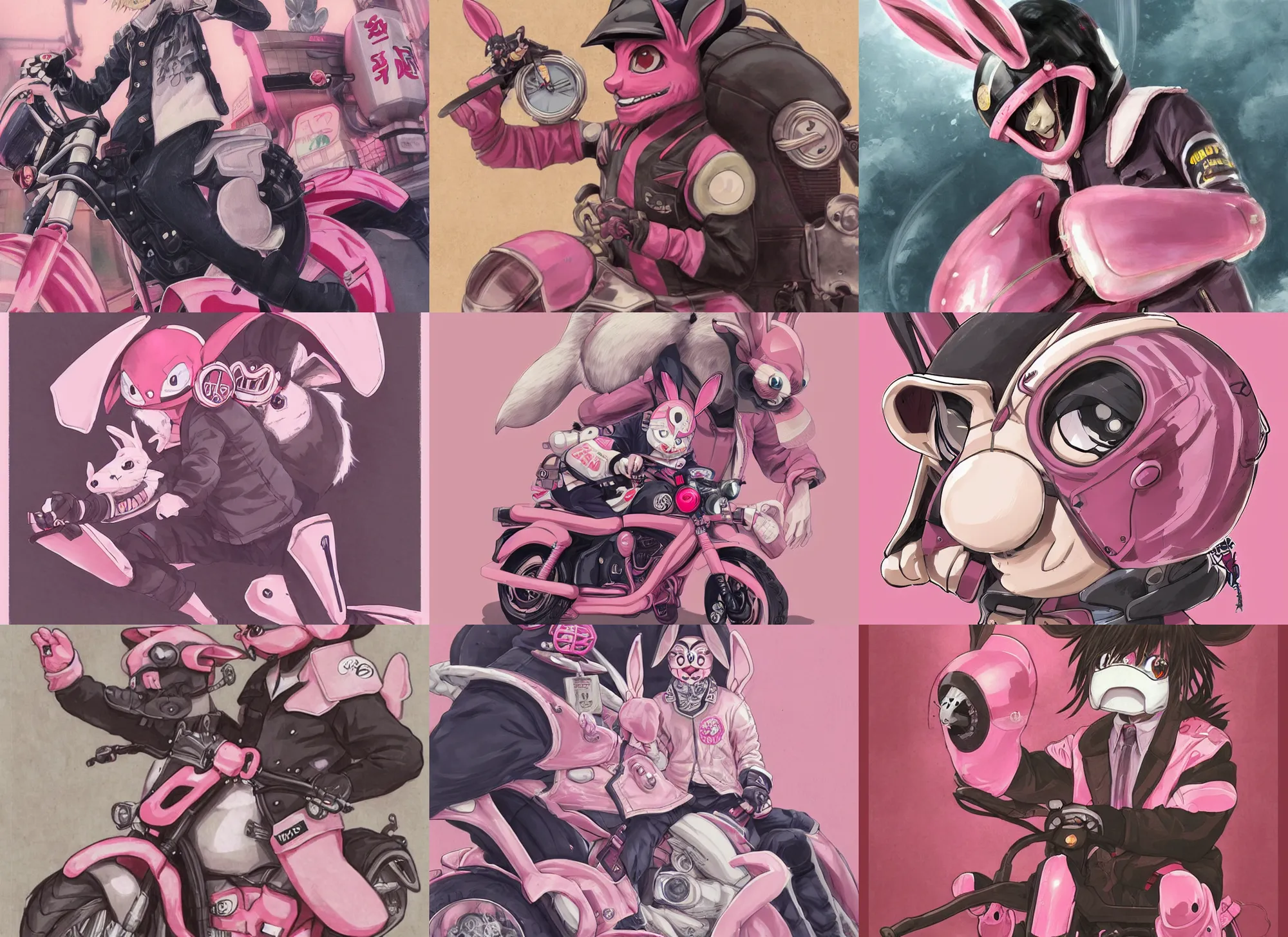 Prompt: official artwork of a half human yokai, motorcycle, helmet, anime pink rabbit guy wearing a letterman jacket, by Krenz Cushart, detailed art, pink iconic character, 獣, yokai, wallpaper, bunny, large ears, けもの, male character, aesthetic, helmet, ghost, beast, motorbiker, rabbit, rabbit shaped helmet, cybernetic