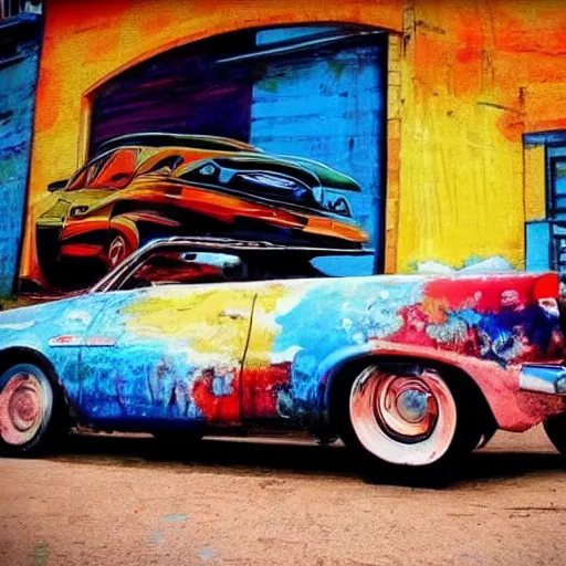 Prompt: a car paints a picture of a car painting a picture of a car