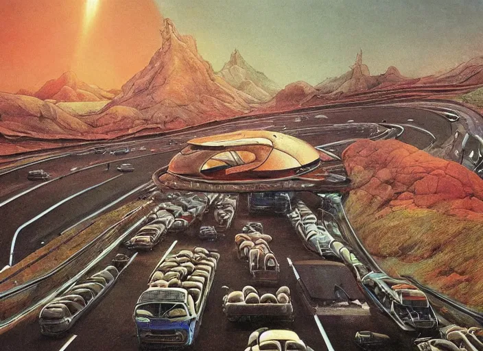 Image similar to organic cars moving fast on a huge road interchange in a desolated landscape, fluid, smooth, bright colours, high contrast, sharpness, beautiful, peaceful, very detailed, intricate, volumetric lighting, by moebius and beksinski and bosch and bacon and giger and corben