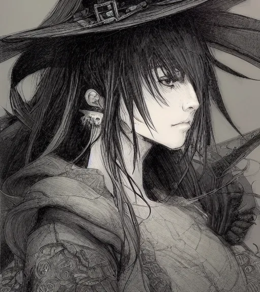 Image similar to portrait of anime woman wearing witch hat, pen and ink, intricate line drawings, by craig mullins, ruan jia, kentaro miura, greg rutkowski, loundraw