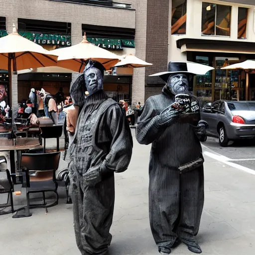 Prompt: Living statues having coffee at Starbucks