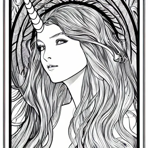 Image similar to clean simple line art of a cute beautiful unicorn. no background. well composed, clean coloring book page. coloring book line art by artgerm and greg rutkowski and alphonse mucha