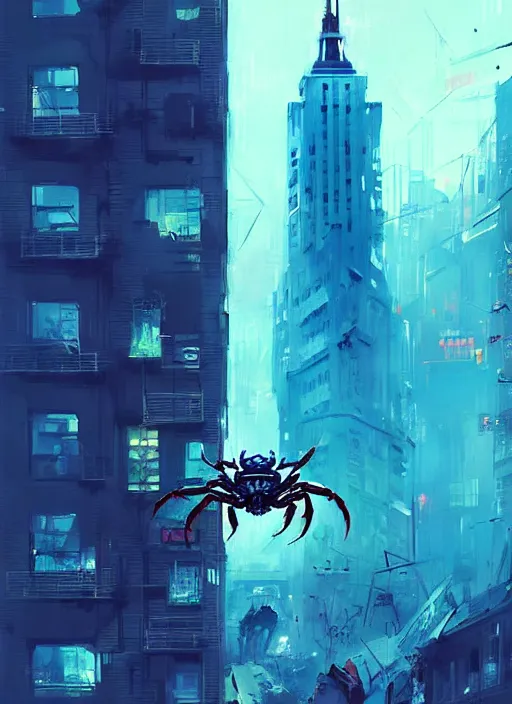 Image similar to crab kaiju in new york, sci - fi art, blue building in the background, art by ismail inceoglu