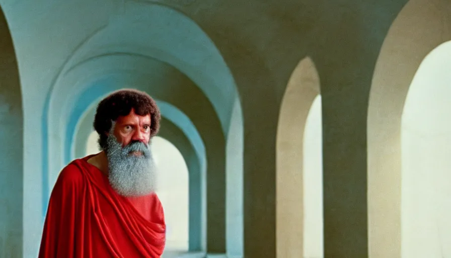 Prompt: 1 9 7 0 s movie still of socrates in red drapery in a light blue neoclassical tunnel with collums, cinestill 8 0 0 t 3 5 mm, high quality, heavy grain, high detail, panoramic, ultra wide lens, cinematic light, dramatic light, anamorphic