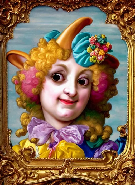 Prompt: baroque rococo painting Royal Fancy Jester Hildebrandt Lisa Frank high detail cute adorable whimsical up close gremlin