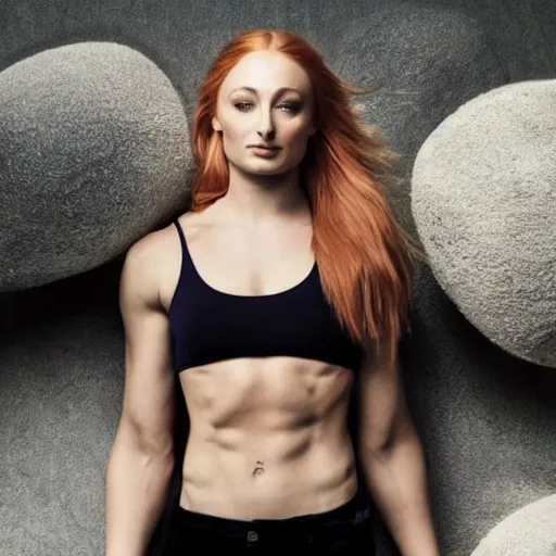 Image similar to muscular sophie turner showing her abs, glisten, high resolution, hard light, cnn, afp, reuters