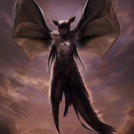 Prompt: manbat with huge wings flies, moonlit night, fantasy, professionally retouched, soft lighting, powerful, realistic, face is obscured in shadow, wide angle, 8 k high definition, insanely detailed, intricate, elegant, art by artgerm and wlop