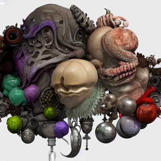 Image similar to a close up of a bunch of different items, an ambient occlusion render by alberto seveso, zbrush central, vanitas, lovecraftian, biomorphic, rendered in cinema 4 d