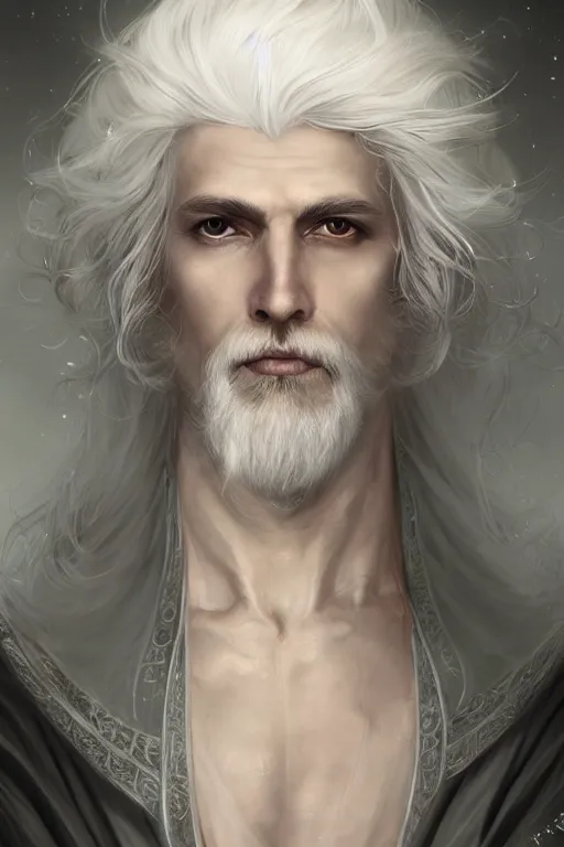 Image similar to white haired robe fu xi full male front body portrait, distant view, very long white beard and hair, long hair shawl, fine kindness delicate prefect face features gaze, piercing eye, elegant, style of tom bagshaw, cedric peyravernay, peter mohrbacher, victo nga, 4 k hd illustrative wallpaper, animation style, chinese style