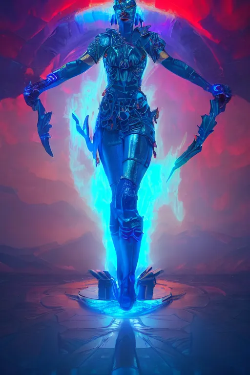 Prompt: warrior woman in glowing azure armor standing in hell which is sliced by a iridescent glass cracks shattering the sky , crimson clouds, besinski style , 6 billion demons style, background art deco palace, photorealism, 8k, artstation trending, Ray Tracing, octane renderer, high detail, vollumetric lighting