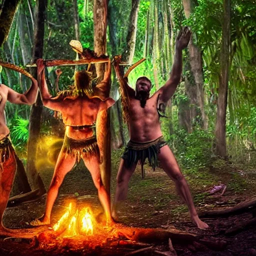 Image similar to spartan doing ayahuasca ritual with wolf and shaman at camp fire, jungle background, full moon with stars, hyper realistic award winning photographic portrait photography, dramatic cinematic lighting