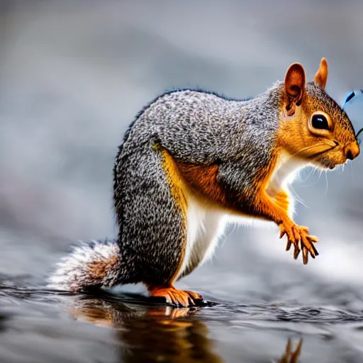 Prompt: a squirrel running in the water, fast shutter speed, high speed, action photo, 1 / 1 0 0 0 sec shutter, fish - eye lens