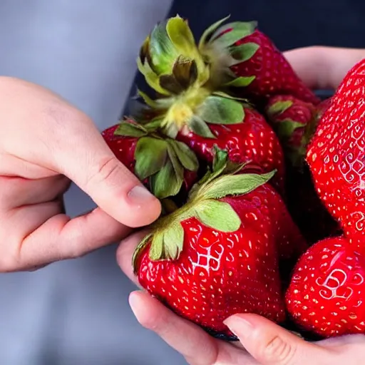 Image similar to a hand holding a giant 1 0 kg strawberry