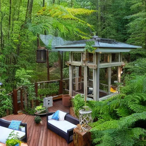 Image similar to backyard deck in misty lush landscape with multi levels and rich wood, gas lanterns, fern and golden retrievers