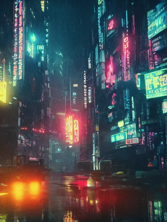 Image similar to photo of 8k ultra realistic blade runner skyline, neon, heavy rain, full of colour, cinematic lighting, battered, trending on artstation, 4k, hyperrealistic, focused, extreme details,unreal engine 5, cinematic, masterpiece, art by studio ghibli