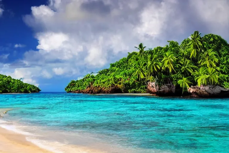 Prompt: beautiful tropical island, clear blue water, stormy sky