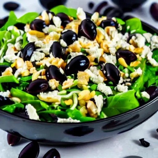 Prompt: a salad with black olives on it