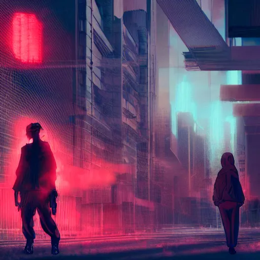 Prompt: anime al qaeda, 3 5 mm film still, wired landscape, cyberpunk, volumetric lighting, photo realistic, digital art, anime background, red colour palette, very detailed faces