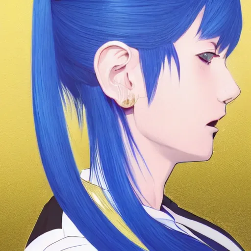 Image similar to profile shot of rimuru tempest, sky blue hair, ponytail, long bangs, gold eyes, black jacket with white stripes and a high collar, highly detailed, roman city, professional art, concept art, shutterstock, cinematic, wlop | art by pixiv, ilya kuvshinov, greg rutkowski, yoshitaka amano