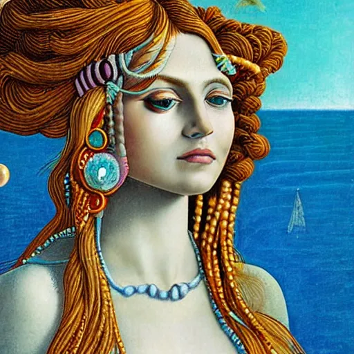 Image similar to sumerian goddess inanna ishtar, ashteroth, techno mystic goddess princess intergalactica, with aqua neon rapunzel dreadlocks, detailed, wearing seashell attire, crystal pathway to atlantis floating on the sea, by sandro botticelli