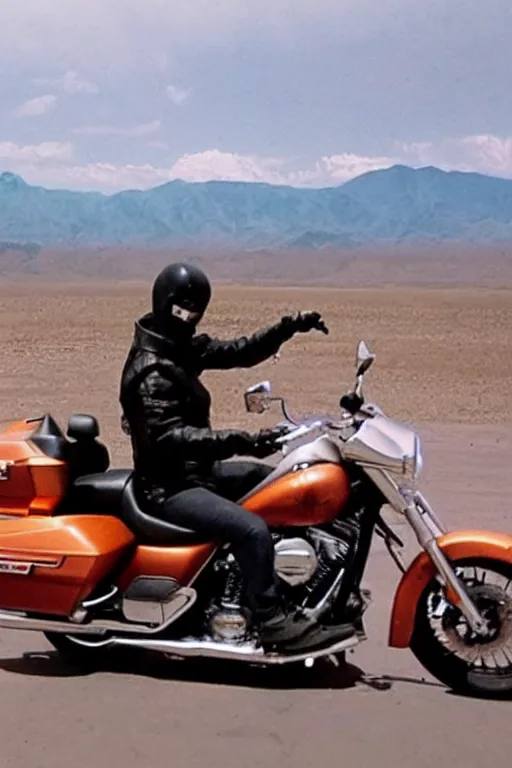 Image similar to photograph of naruto riding a harley davidson motorcycle down a desert highway