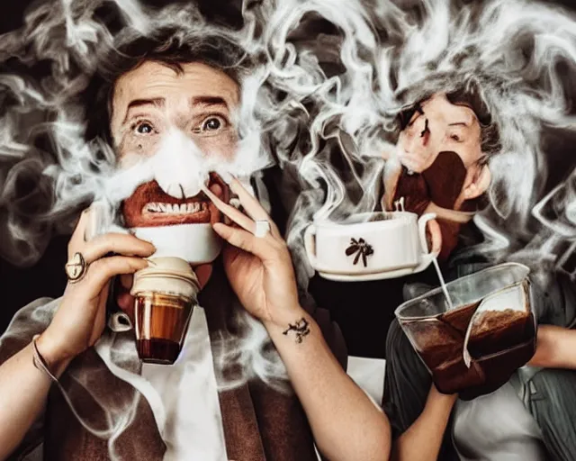 Prompt: incredible absurd surreal photoshoot advertisement for coffee, people enjoying coffee in the style of tim walker, people pouring coffee on themselves, celebration of coffee products, faces of too much caffeine, vsco film grain