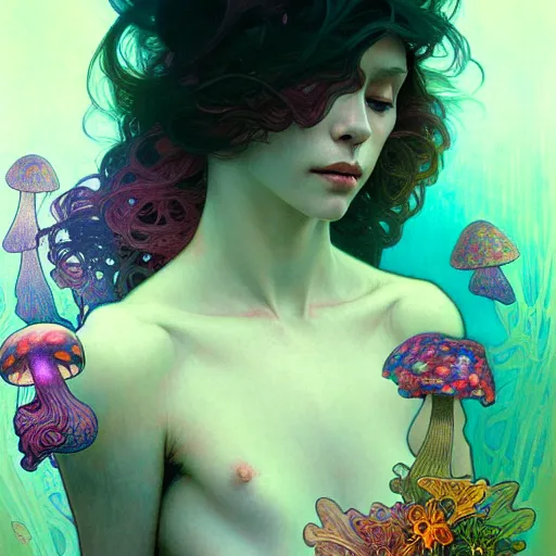 Image similar to A girl having an extremely colorful psychedelic experience, magic mushrooms, psilocybin, face, detailed, intricate, elegant, highly detailed, digital painting, artstation, concept art, smooth, sharp focus, illustration, art by Krenz Cushart and Artem Demura and alphonse mucha