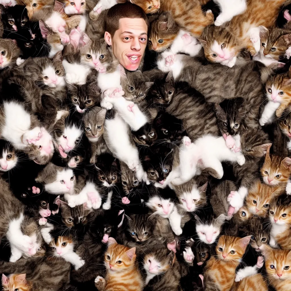 Image similar to pete davidson being tackled by hundreds of cats kittens kitties