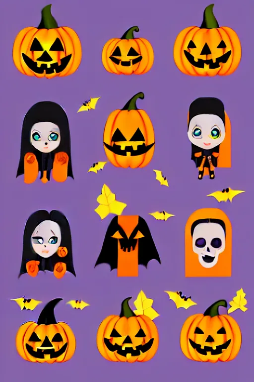 Prompt: illustration halloween characters set, vector art, photoshop files, envato elements, cut, fun, spooky