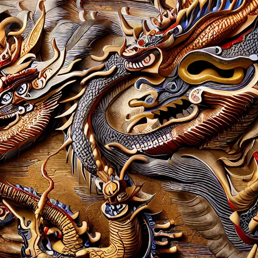 Image similar to chinese dragons party,highly detailed,intricate,complex,layered,sharp focus, trending on artstation, award winning,wall carving photo