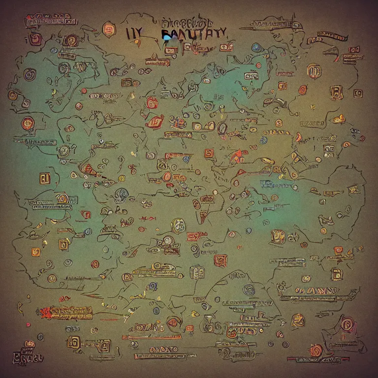 Prompt: imaginary map of different realms, map of fantacy world, different realms, mobile game art, blueprint, infographic, vintage theme, on paper, realms with different colors, with notes, highly detailed, hyper realistic