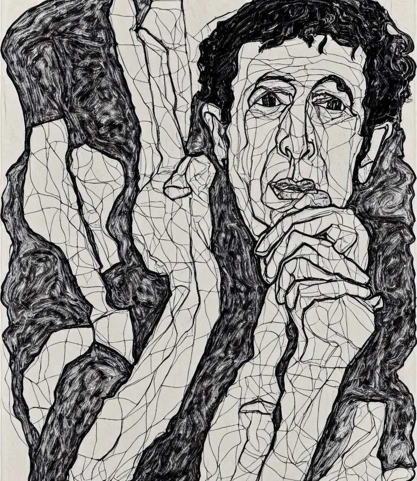 Image similar to line art portrait of leonard cohen inspired by egon schiele. contour lines, twirls and curves, musicality