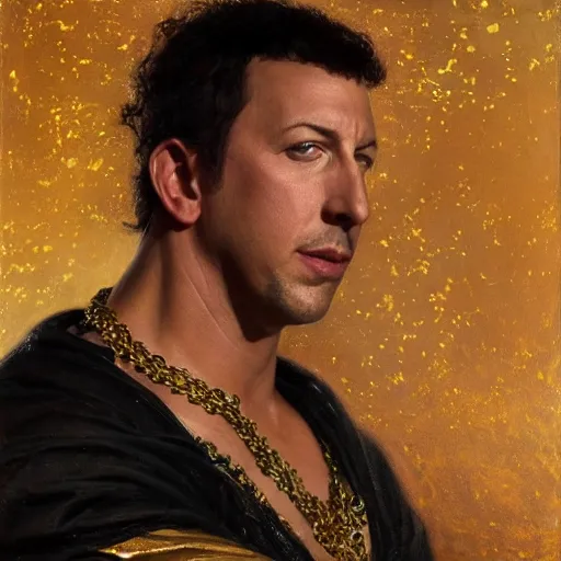 Prompt: detailed realistic cinematic wide shot of beautiful attractive muscular adam sandler as roman empreror gold chain wearing royal red clothes slim face symettrical face clean skin black eyes black robe smooth, sharp focus, ultra realistic, spring light, painting by gaston bussiere, craig mullins, j. c. leyendecker