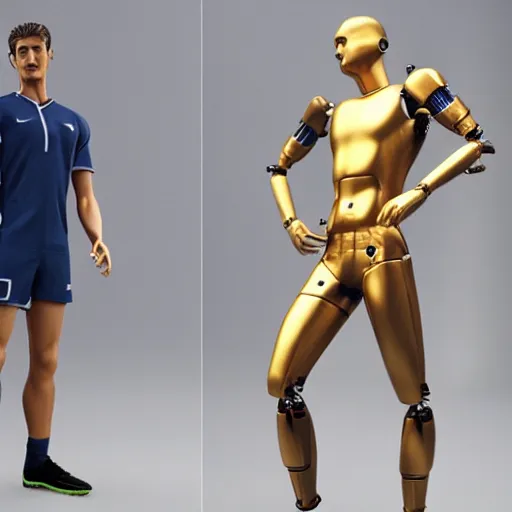 Image similar to a realistic detailed photo of a guy who is an attractive humanoid who is half robot and half humanoid, who is a male android, attractive and handsome soccer players, shiny skin, posing like a statue, blank stare, in a factory, on display, showing off his muscles, gold soccer shorts, side view, looking at each other mindlessly