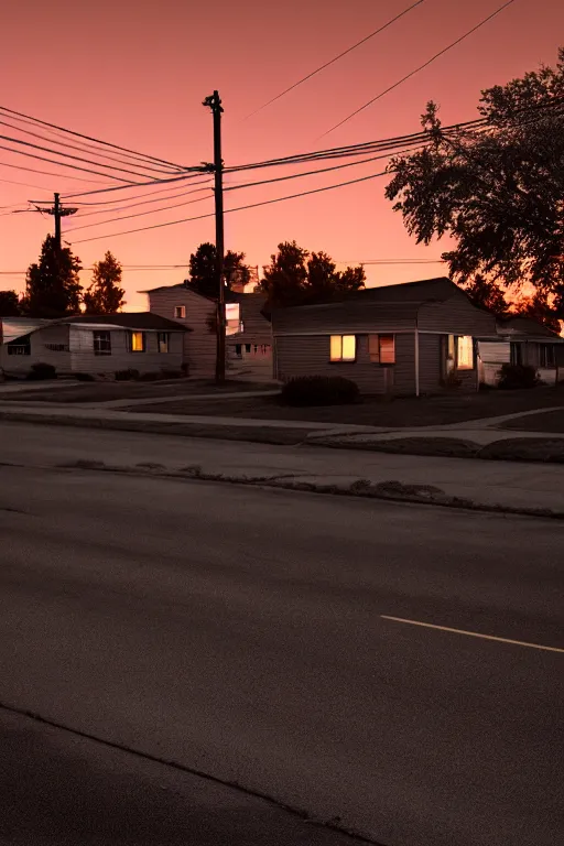 Image similar to a detailed photographic render of a 1 9 5 0 s american suburb at sunset by todd hido, photoreal, 4 k