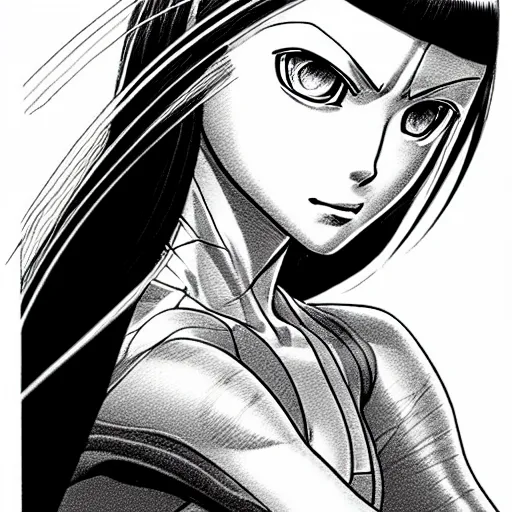 Image similar to alita by yukito kishiro. medium shot. black and white manga. pencil drawing.