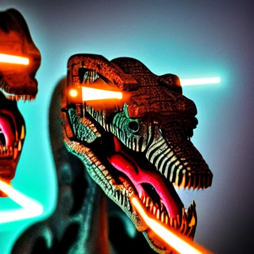 Prompt: threeheaded cyborg tyrannosaurus rex with lasers. 8 5 mm f / 1. 4