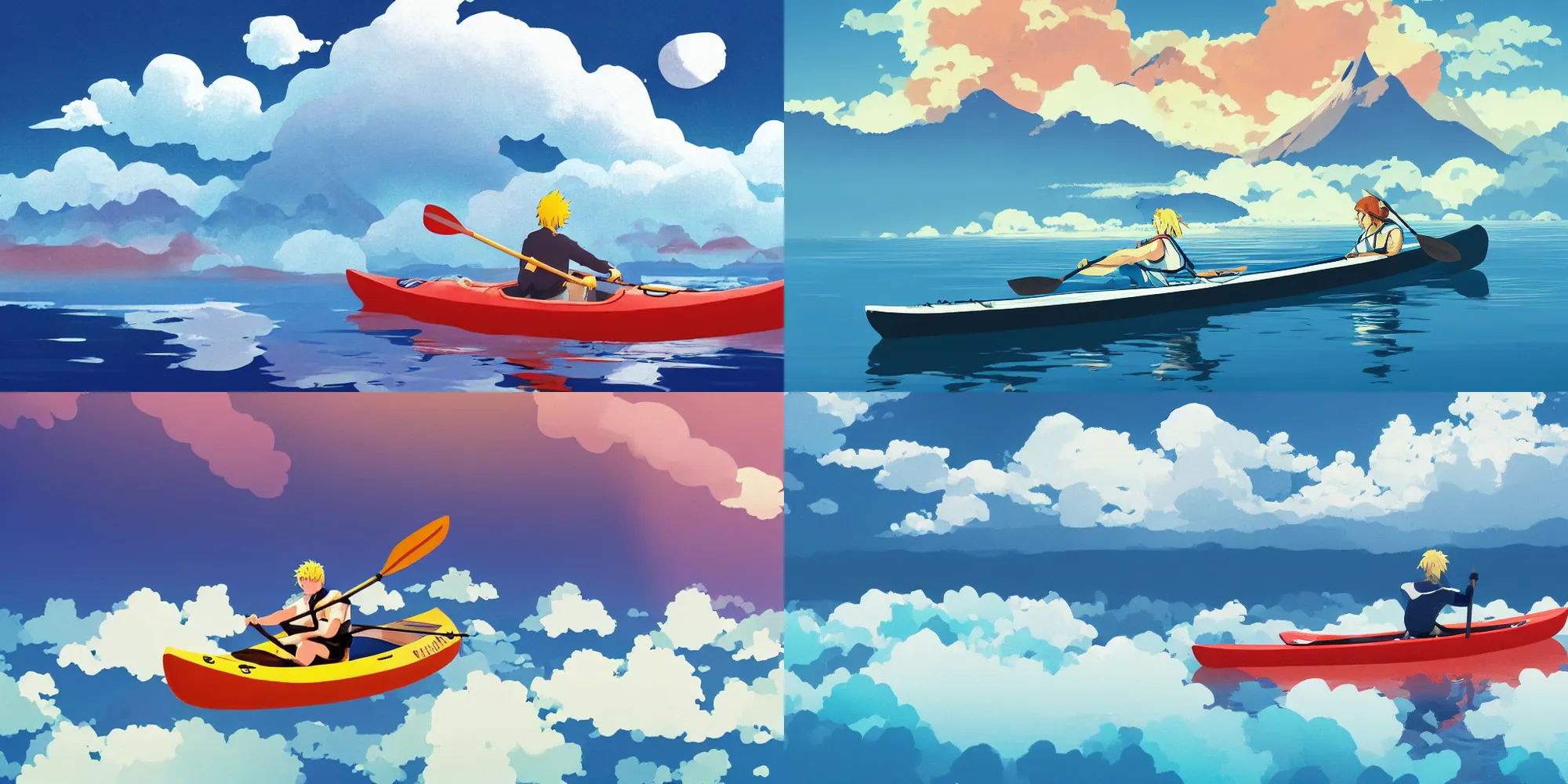 Prompt: blond kayaker in his blue kayak paddling above the clouds in the sky, by James Gilleard, studio ghibli, highly detailed trending at artstation, 4k, hdr, backlight