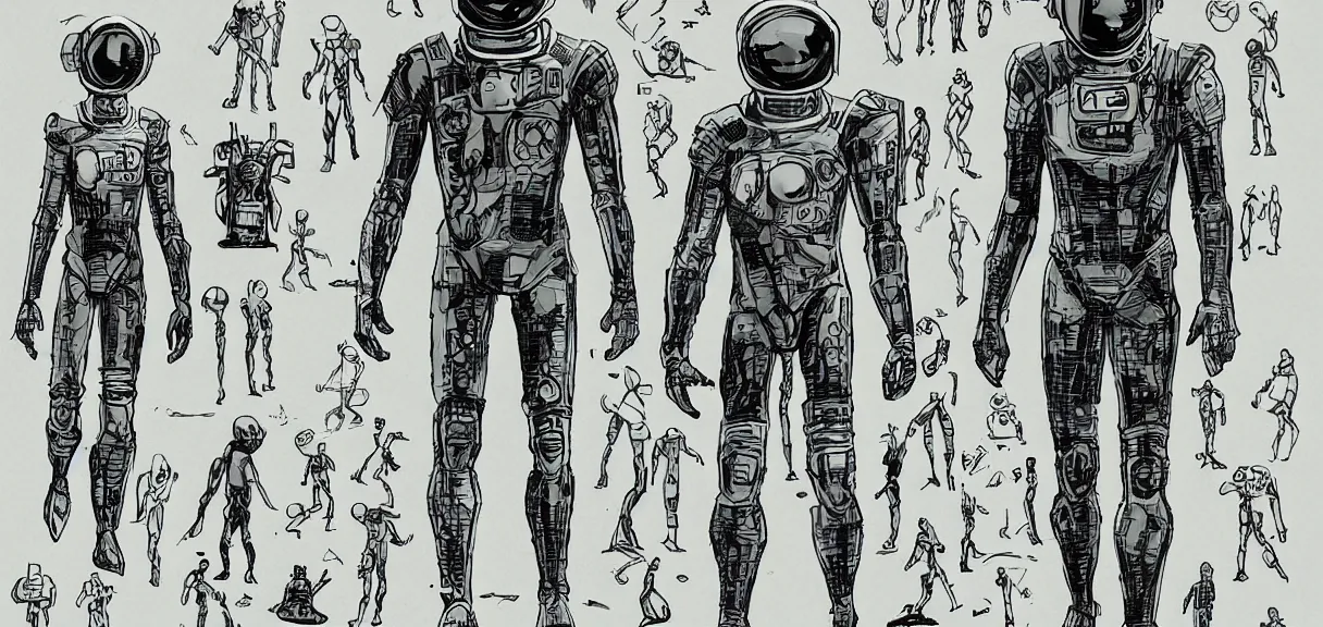 Image similar to male, full body, space suit with a modern helmet, large shoulders, short torso, long thin legs, tiny feet, character sheet, science fiction, very stylized character design, cartoon proportions, pen and ink, digital painting, watercolor wash, by mike mignola, by alex maleev, jean giraud