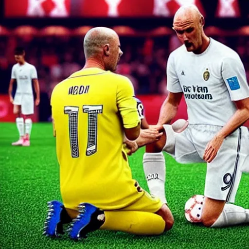 Prompt: Ten Hag crying at the feet of the god Ronaldo begging for forgiveness for losing the league, hyper realistic, 8k, cinematic