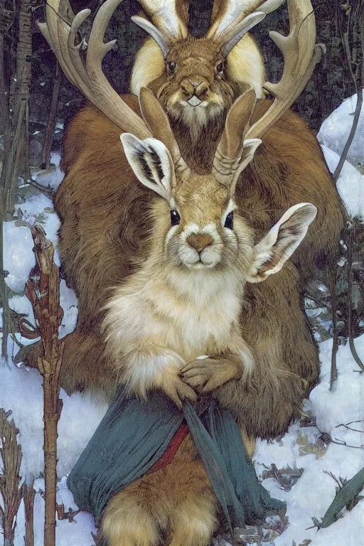 Prompt: An Epic Tarot Card of a Jackalope in the snow, amazing colour harmony and variation, simple background, by Donato Giancola, William Bouguereau, John Williams Waterhouse and Alphonse Mucha